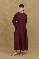 Double-Shirred Crepe Dress, Burgundy