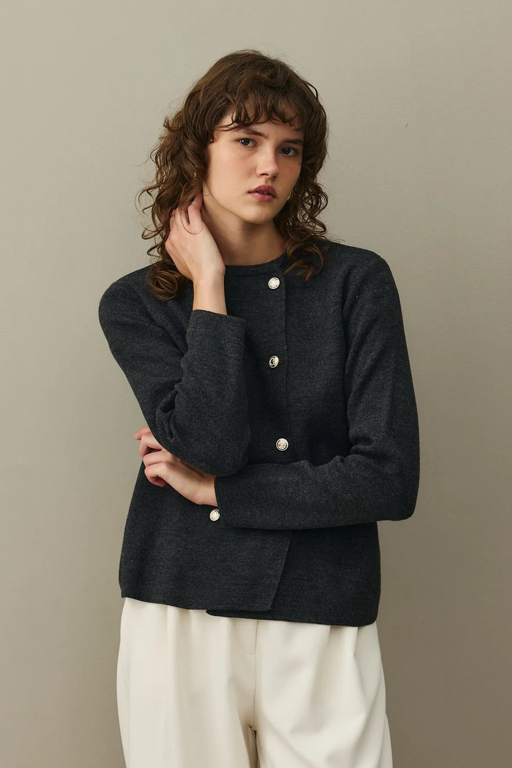 Double Button Crop Cardigan Anthracite