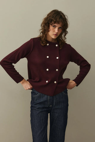 Çift Düğme Crop Hırka Bordo