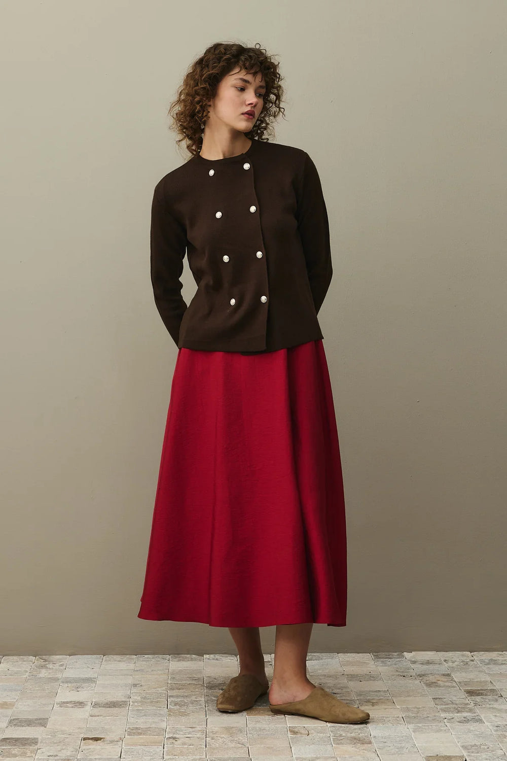Double Button Crop Cardigan Brown