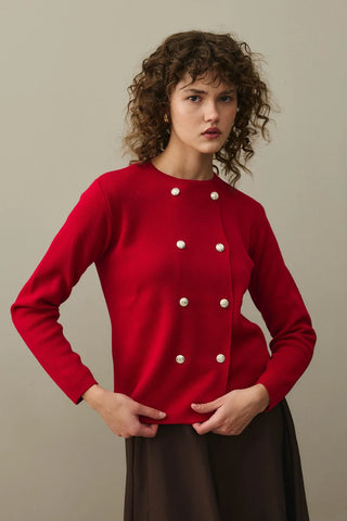Çift Düğme Crop Hırka Kırmızı