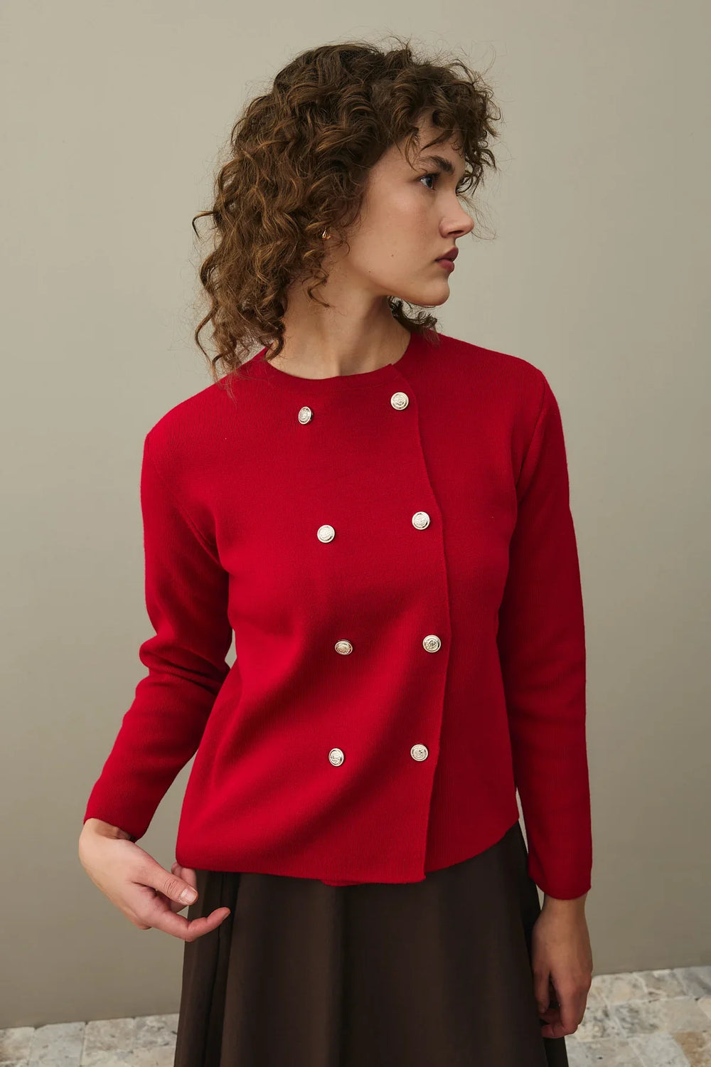 Double Button Crop Cardigan Red