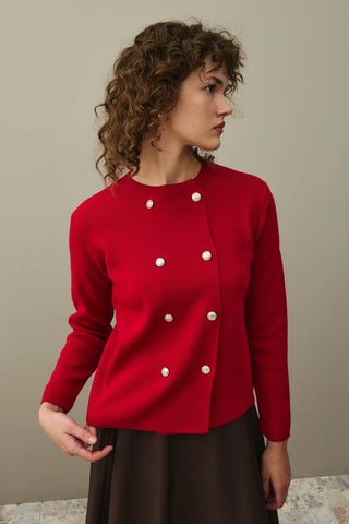 Çift Düğme Crop Hırka Kırmızı