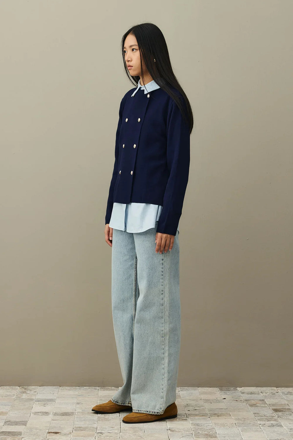 Double Button Crop Cardigan Navy Blue