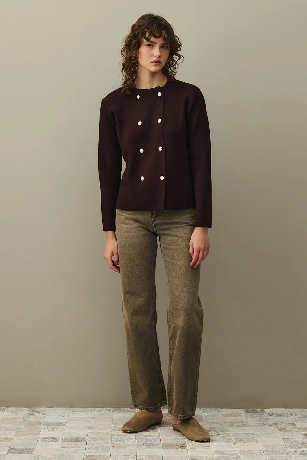 Double Button Crop Cardigan Plum