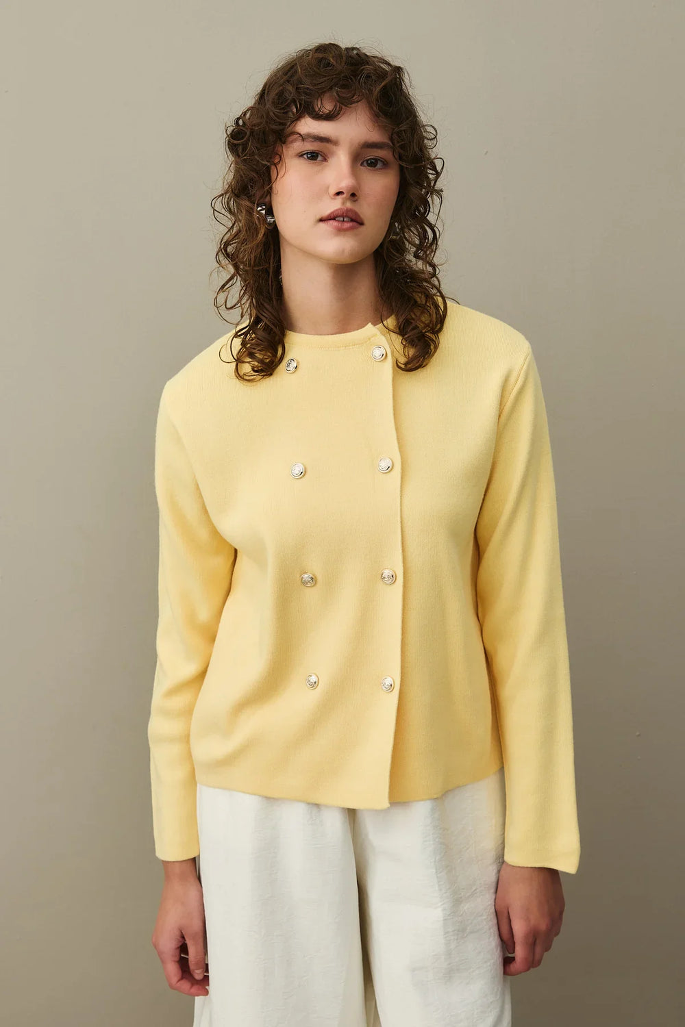 Double Button Crop Cardigan Yellow