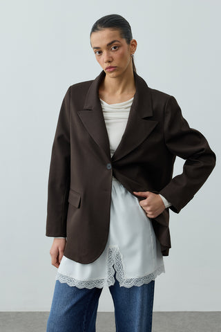 Çift Düğmeli Oversize Blazer Ceket Acı Kahve