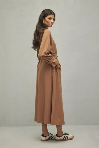 Çift İğne Kadın Elbise Camel - Fahhar Design