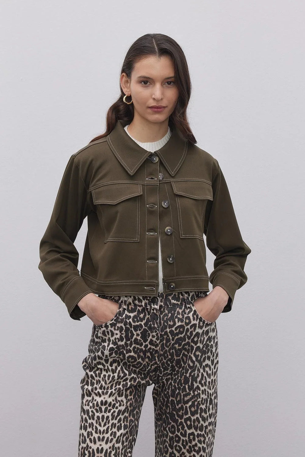 Double Needle Women's Shirt Jacket Khaki