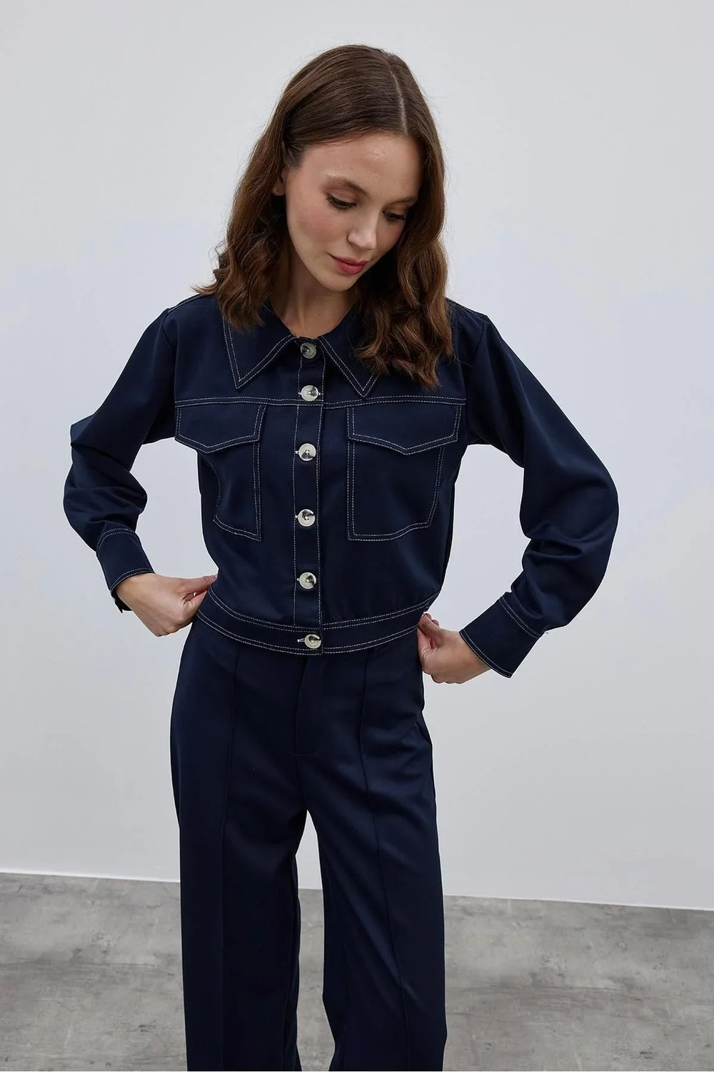 Double Needle Women's Shirt Jacket Navy Blue