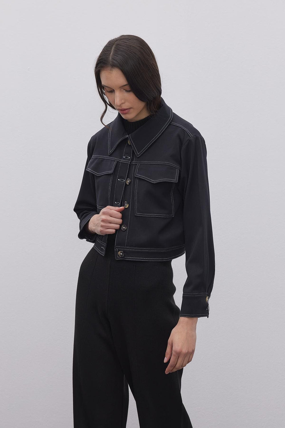 Double Needle Women's Shirt Jacket Black