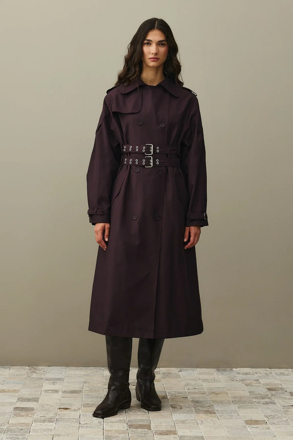 Double Belted Trench Coat, Bitter Burgundy