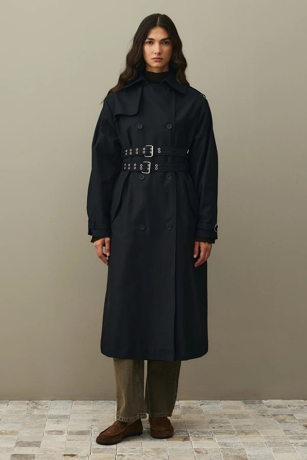 Double Belted Trench Coat Black