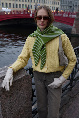 Çift Yönlü Çizgili Fular Atkı Yağ Yeşili