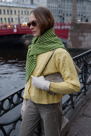 Çift Yönlü Çizgili Fular Atkı Yağ Yeşili