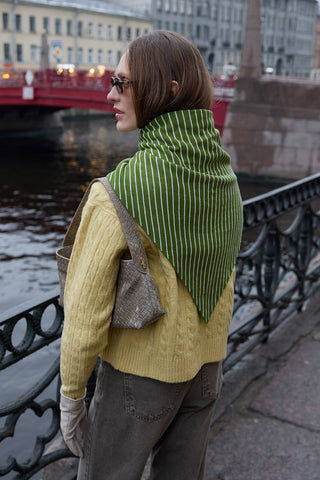 Çift Yönlü Çizgili Fular Atkı Yağ Yeşili