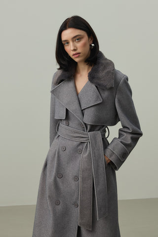 Çıkarılabilir Yakalı Maxi Kaban Gri