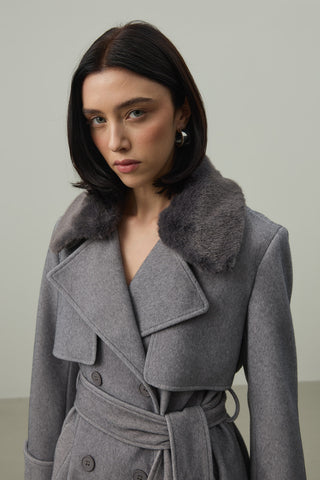 Çıkarılabilir Yakalı Maxi Kaban Gri