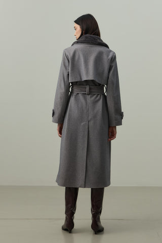 Çıkarılabilir Yakalı Maxi Kaban Gri