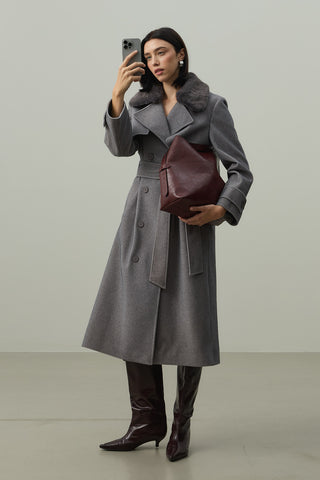 Çıkarılabilir Yakalı Maxi Kaban Gri