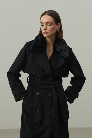 Çıkarılabilir Yakalı Maxi Kaban Siyah