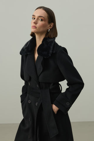 Çıkarılabilir Yakalı Maxi Kaban Siyah