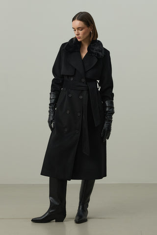 Çıkarılabilir Yakalı Maxi Kaban Siyah