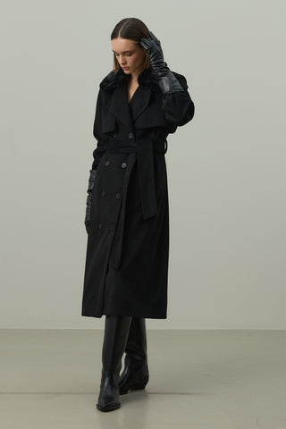 Çıkarılabilir Yakalı Maxi Kaban Siyah