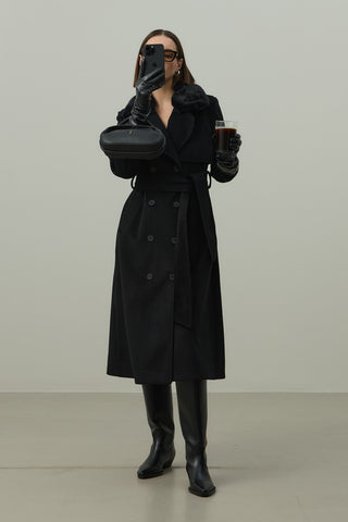 Çıkarılabilir Yakalı Maxi Kaban Siyah