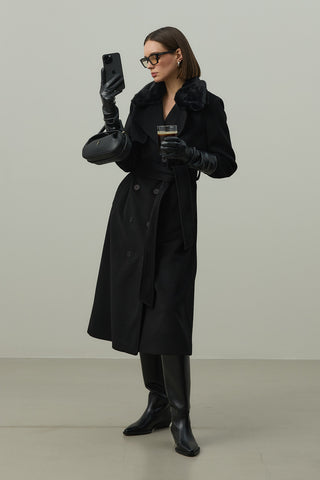 Çıkarılabilir Yakalı Maxi Kaban Siyah