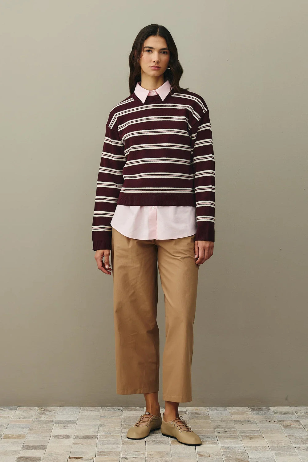 Striped Basic Knit Sweater Claret Red