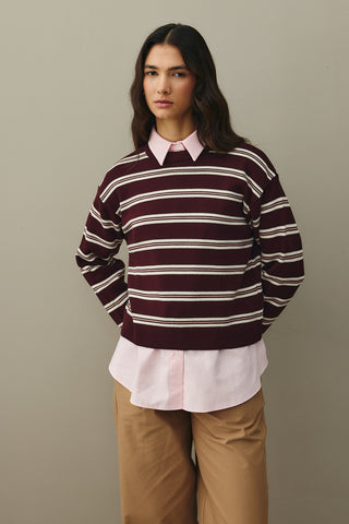 Striped Basic Knit Sweater Claret Red