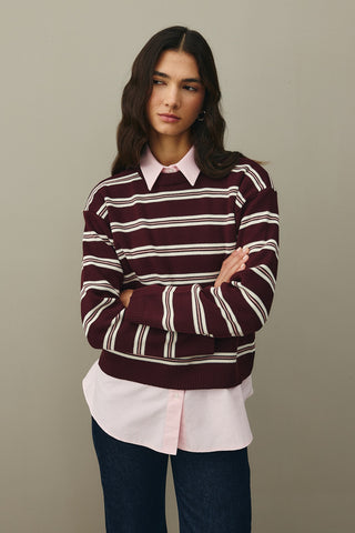 Striped Basic Knit Sweater Claret Red