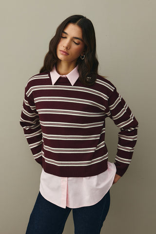 Striped Basic Knit Sweater Claret Red