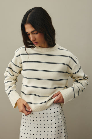 Striped Basic Knit Sweater Ecru