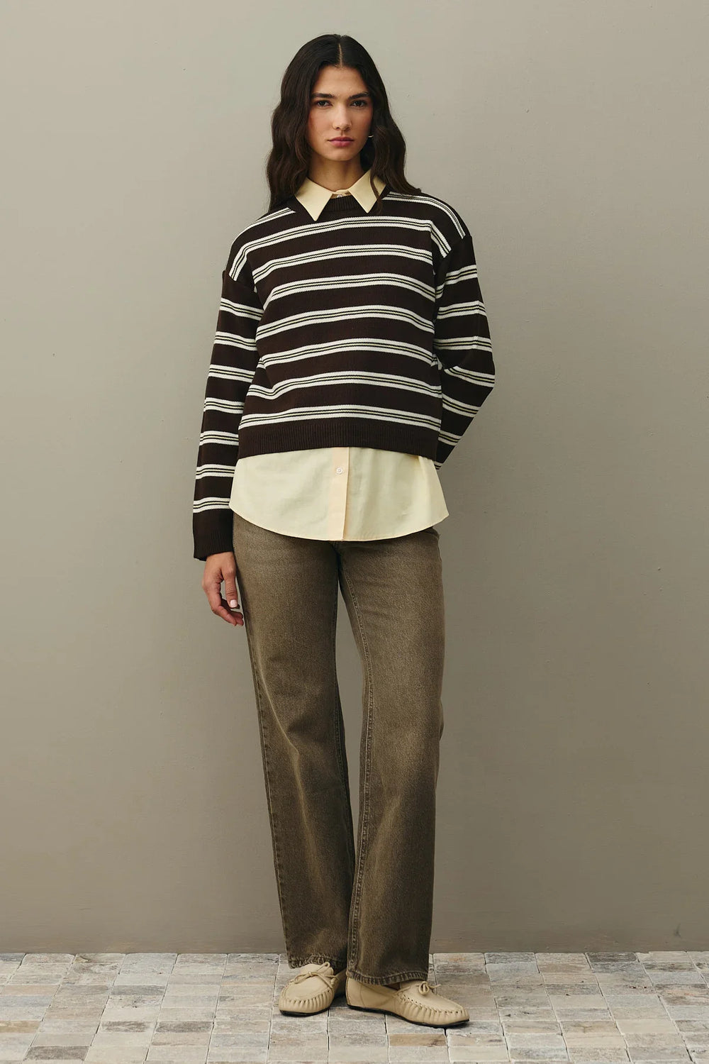 Striped Basic Knit Sweater Brown