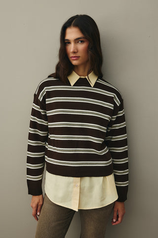 Striped Basic Knit Sweater Brown