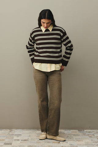 Striped Basic Knit Sweater Brown