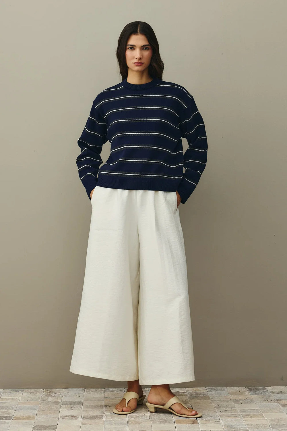 Striped Basic Knit Sweater Navy Blue