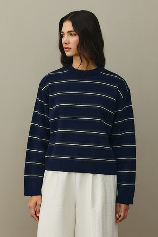 Striped Basic Knit Sweater Navy Blue