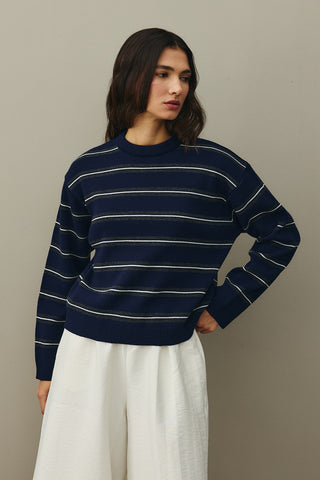 Striped Basic Knit Sweater Navy Blue