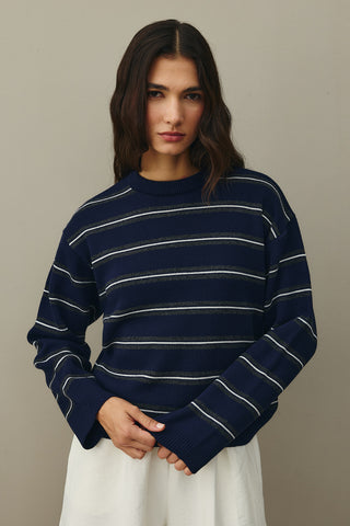 Striped Basic Knit Sweater Navy Blue