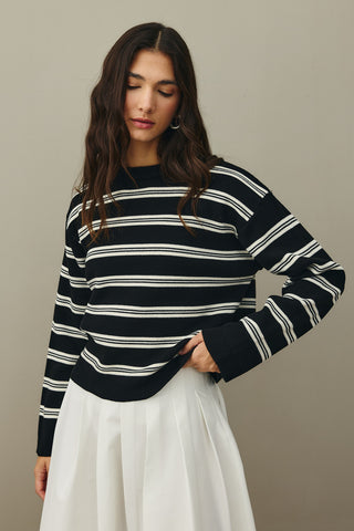 Striped Basic Knit Sweater Black