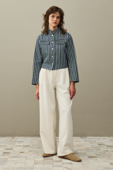 Çizgili Denim Bomb Ceket Koyu Mavi