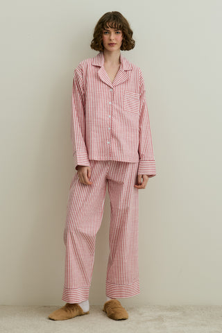 Çizgili Dokuma Pijama Takım Kırmızı