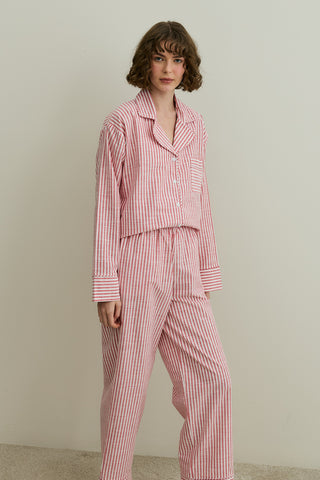 Çizgili Dokuma Pijama Takım Kırmızı