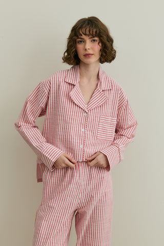 Çizgili Dokuma Pijama Takım Kırmızı