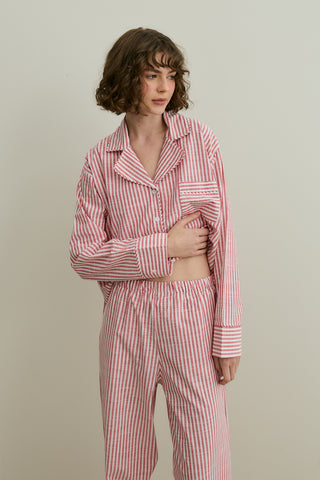 Çizgili Dokuma Pijama Takım Kırmızı