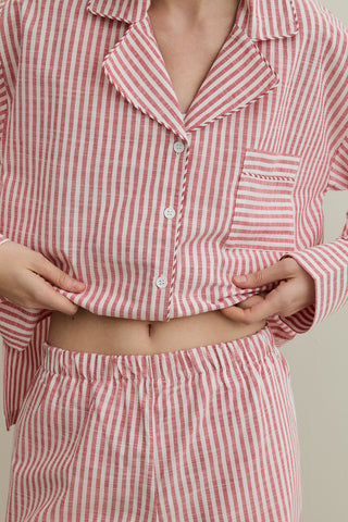 Çizgili Dokuma Pijama Takım Kırmızı