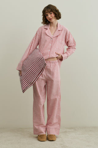 Çizgili Dokuma Pijama Takım Kırmızı